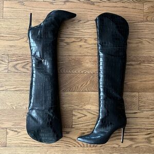 SCHUTZ Maryana Salto Alto Over The Knee OTK Boots Black Croc Leather Sz 11